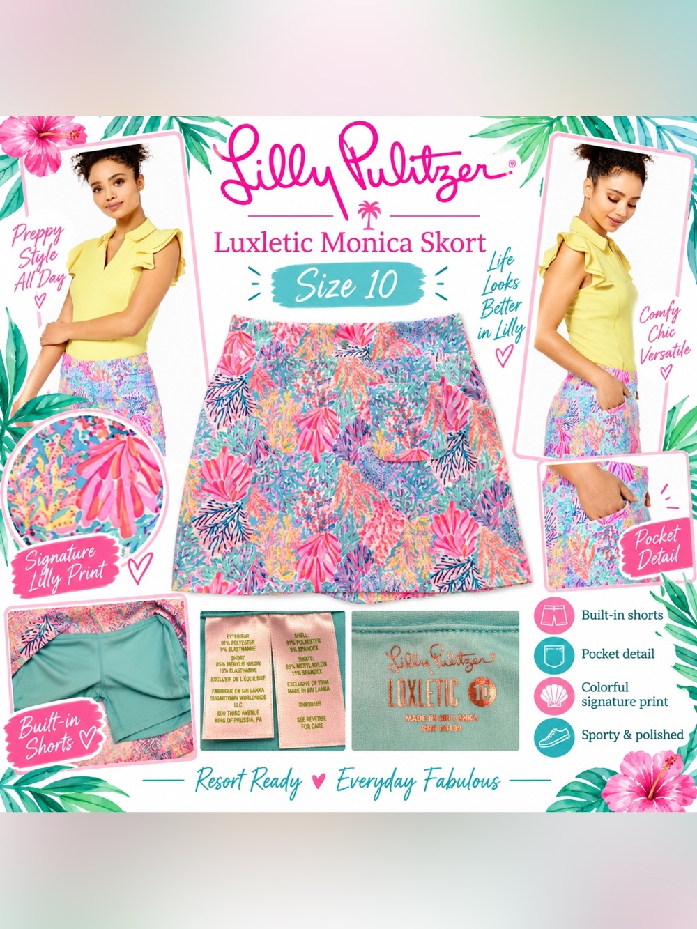 Lilly Pulitzer Luxletic Fairway Twill Monica Skort Multi Splashdance Golf 10 GUC